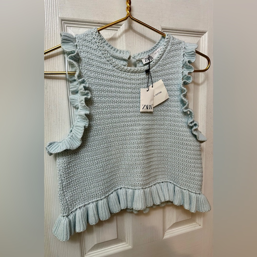 Zara 100% Cotton Pale Blue Ruffle Knit Top, Small